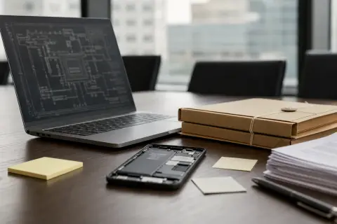 A conference table with a laptop showing a blurred circuit diagram, sealed folders, and an unbranded phone component