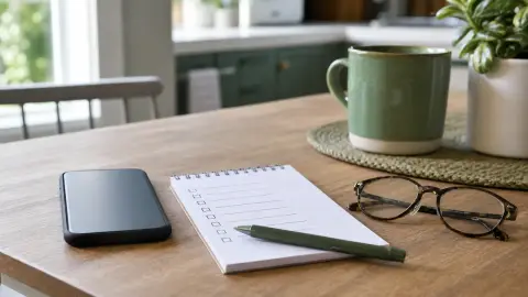 A smartphone beside a verification checklist, glasses, and a mug on a kitchen table