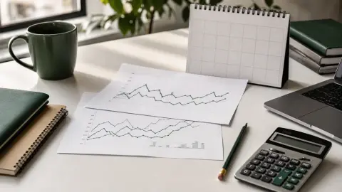 Printed inflation charts, a calculator, and a blank calendar page on a newsroom desk