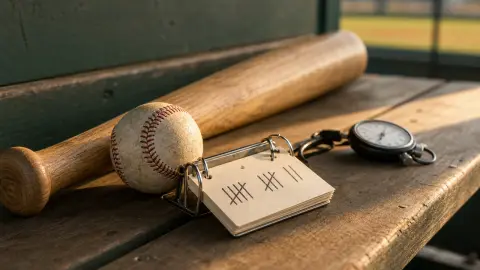 A baseball, bat, stopwatch and tally card on a dugout bench