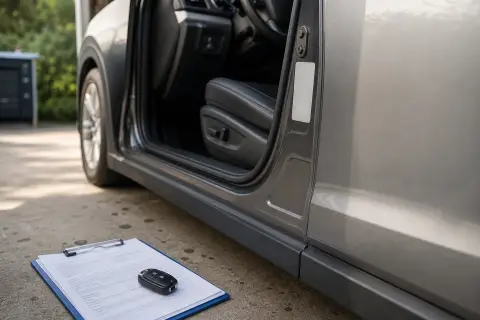 A generic vehicle door jamb label area beside recall paperwork and a key fob