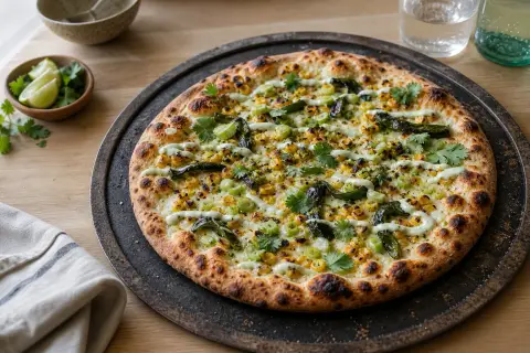 Charred corn and poblano pizza finished with scallions, cilantro and lime crema