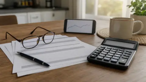 A calculator, glasses, and benefit paperwork on a kitchen table beside a phone with a blurred chart