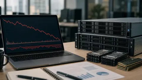 A laptop with an abstract declining chart beside enterprise server hardware on an office desk