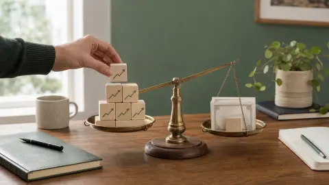 A calm home investing desk with two balanced stacks of wooden blocks representing stocks and bonds