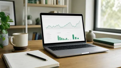 Laptop displaying abstract search interest and keyword planning charts on a home-office desk