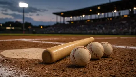 A baseball bat and several baseballs on dirt near home plate under stadium lights