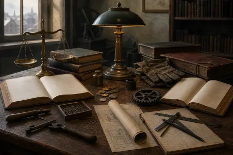 An editorial still life with market ledgers, a balance scale, factory gloves and industrial tools arranged around a shared lamp