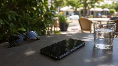A smartphone resting in shade on an outdoor cafe table beside sunglasses and a glass of water