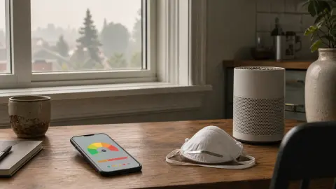A phone with an air quality gauge beside an N95 mask and a home air purifier near a hazy window.
