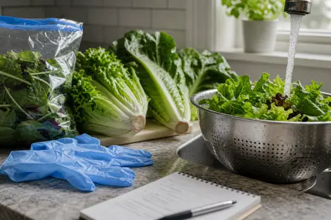 Lettuce and salad greens being washed in a kitchen sink during a food safety check
