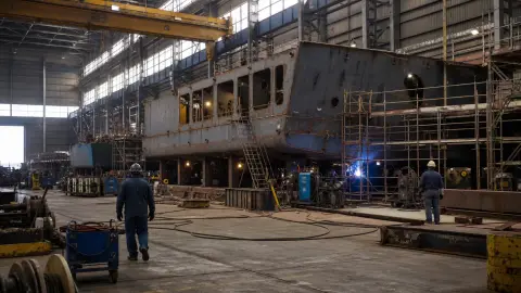 Workers inside a large shipyard fabrication hall beside a steel vessel section under construction