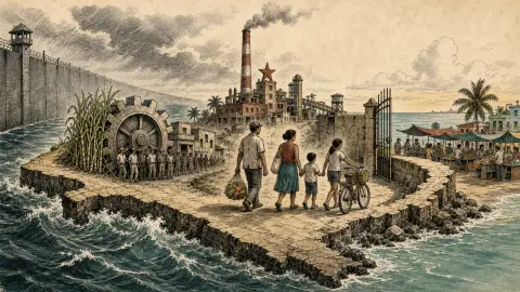Editorial political cartoon showing a Cuban family walking from a state-run industrial landscape toward a partly opened market gate
