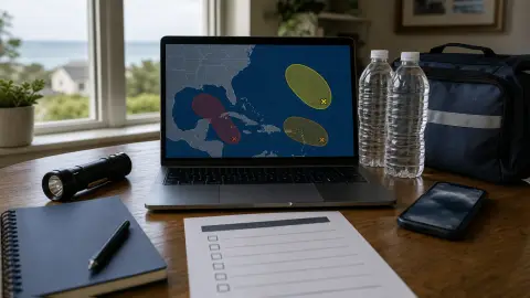 A hurricane preparedness desk with a laptop showing an abstract tropical weather outlook map, water bottles and an emergency kit.