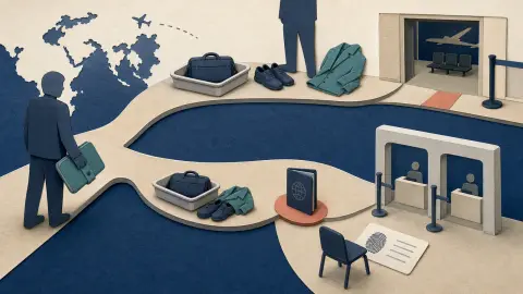Editorial illustration of a travel decision splitting into a domestic security path and an international return path.