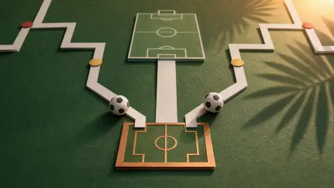 Cut-paper soccer bracket paths leading toward a smaller bronze-place pitch before a distant final field