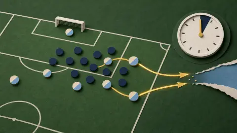 Editorial illustration of two late attacking paths breaking through a compact soccer defense near a nearly full match clock.