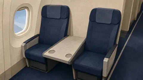 Illustrated airplane economy row with the middle seat replaced by a shared table between two seats.