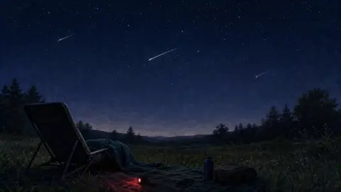 A dark rural meteor-watching setup with a reclining chair, red flashlight, and a few meteor streaks under a moonless sky.