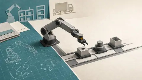 Editorial illustration of a robot arm moving from a digital simulation grid into a physical factory workcell.