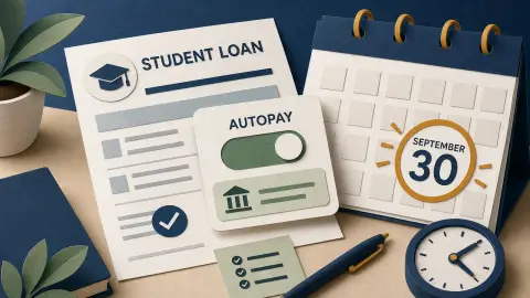 Illustration of a student loan bill, autopay switch, and calendar deadline