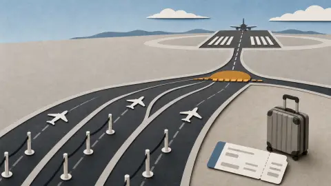 Illustration of airport departure lanes narrowing into an amber hold point beside a suitcase and generic boarding pass