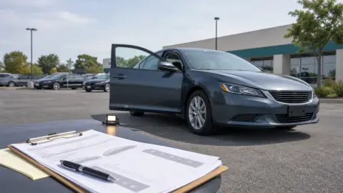 Realistic scene of a used car on a lot with VIN paperwork and an inspection checklist in the foreground