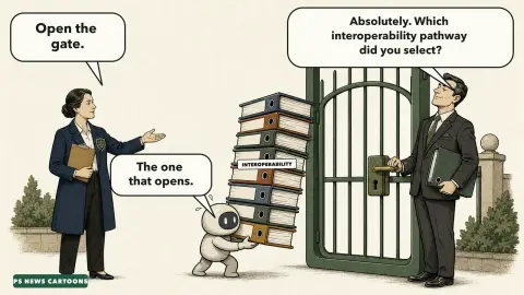 Editorial cartoon showing a regulator asking a corporate gatekeeper to open a giant smartphone-shaped gate while a small rival AI assistant is buried under interoperability paperwork.