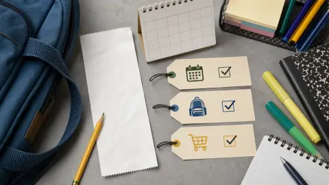 School supplies, blank receipt paper and price tags arranged as a tax-free shopping checklist.