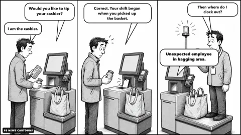 Three-panel black-and-white cartoon in which a self-checkout kiosk asks a shopper to tip the cashier, identifies the shopper as the employee, and finally announces an unexpected employee in the bagging area.