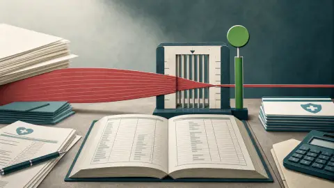 Editorial illustration of a health insurance ledger narrowing medical costs while profit guidance rises