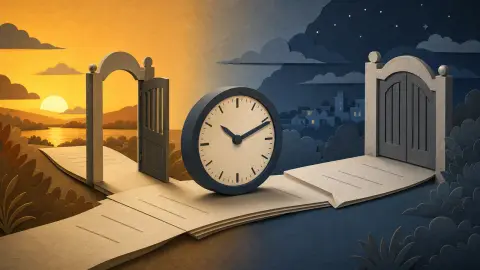 Illustration of an analog clock paused between one open gate and one closed gate, with warm evening light on one side and dark morning shadow on the other.