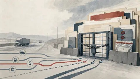 Editorial illustration of a border freight route narrowing into a legal checkpoint with sealed evidence folders in the foreground