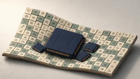An oversized indigo computer-chip block presses down a platform while many smaller company tiles tilt upward around it.