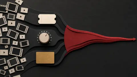 Cut-paper illustration of subscription, pricing and advertising channels merging into a red revenue ribbon that narrows toward the next quarter