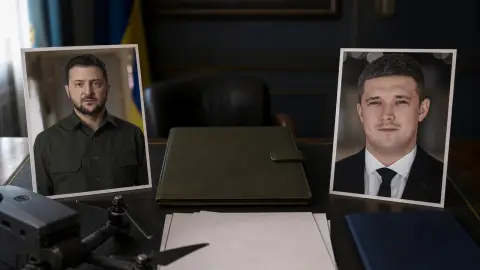 Portrait prints of Volodymyr Zelenskyy and Mykhailo Fedorov sit on a desk beside a drone rotor and an empty defense folder.