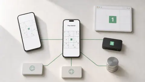 A Pure Sudoku phone interface at the center of a staged engineering workbench, branching to native, web, API, storage, and deployment modules.