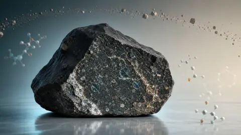 Illustration of a dark meteorite fragment with mineral veins and abstract brine chemistry.
