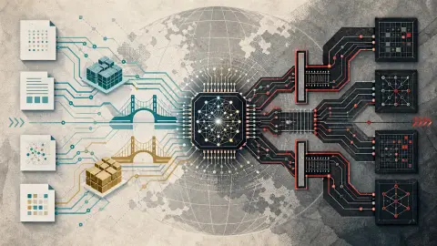 Abstract AI governance map split between open nodes and guarded chip pathways