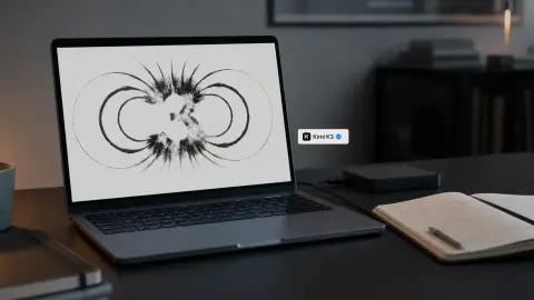 Kimi K3 launch visual shown on a developer desk beside an open notebook and external drive