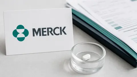 A Merck logo reference beside a once-daily pill and clinical paperwork representing the Lipfendra approval