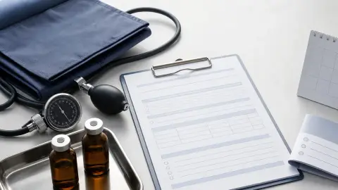 Blank lab forms, medication vials, a blood-pressure cuff, and follow-up materials arranged on an exam table for a testosterone therapy discussion.