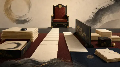 Editorial illustration of Japan imperial succession papers beside an empty ceremonial chair