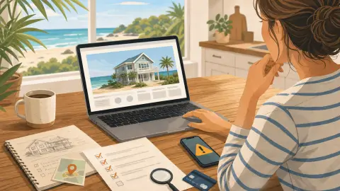 Illustration of a traveler reviewing a vacation rental listing with a checklist and warning icon before paying.