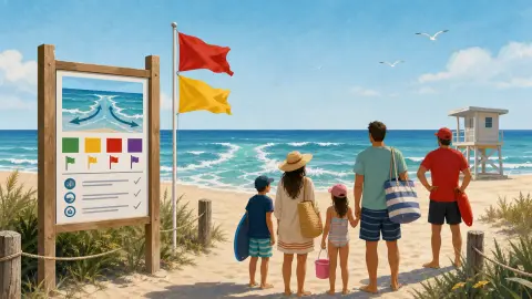 Editorial illustration of beachgoers checking a surf safety board and flags before entering the ocean.