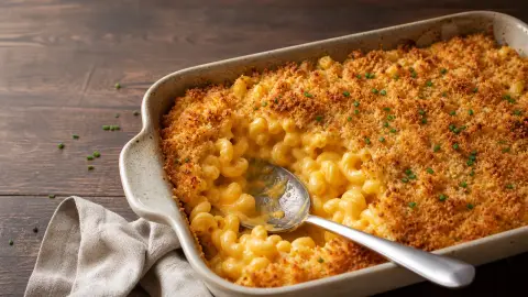 A spoon opens a golden breadcrumb crust to reveal creamy cavatappi mac and cheese in a pale baking dish.