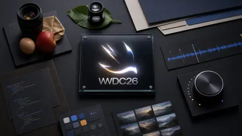 Apple’s luminous WWDC26 mark at the center of a dark workbench surrounded by ten distinct iOS prototype stations