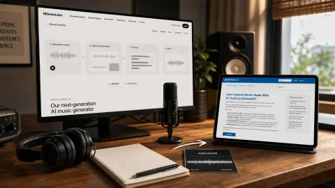 Eleven Music and DistroKid shown in a home-studio workflow beside a microphone, lyrics and an audio master