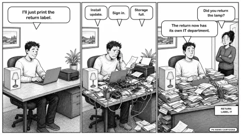 Three-panel black-and-white newspaper cartoon: a shopper tries to print a lamp return label, gets trapped by an update, login and full phone, then announces from a desk marked Return Label IT that the return has its own IT department.
