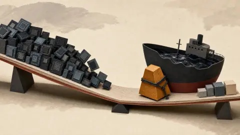 Cut-paper illustration of crowded semiconductor tiles and an oil tanker weighing down a bowed market platform